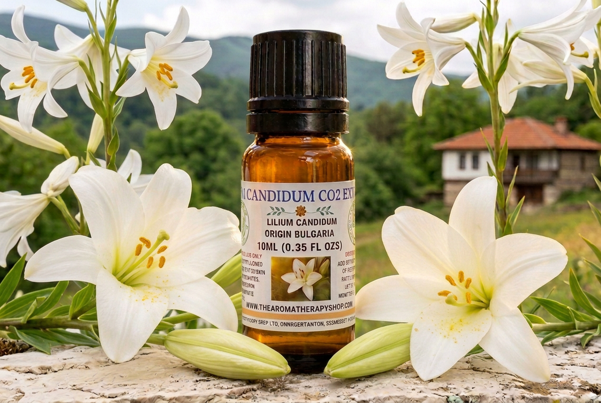 Lilium showcase with larger life-sized lily flowers and stems resting on the stone surface beside the bottle