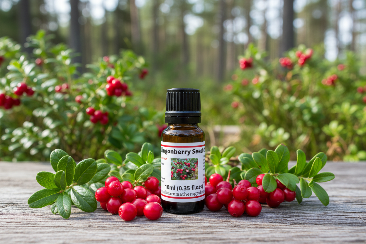 Lingonberry Seed Oil bottle on natural outdoor surface with lingonberry elements