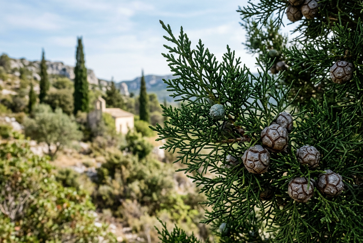 Mediterranean cypress foliage and cones against a southern French countryside backdrop, landscape 3:2, without a bottle or display surface