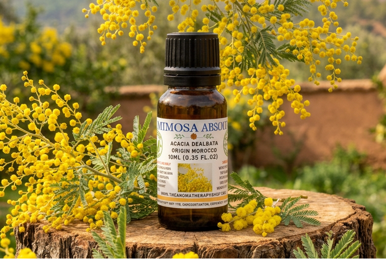 Mimosa Absolute showcase with natural-sized flowering branches in a Moroccan garden setting