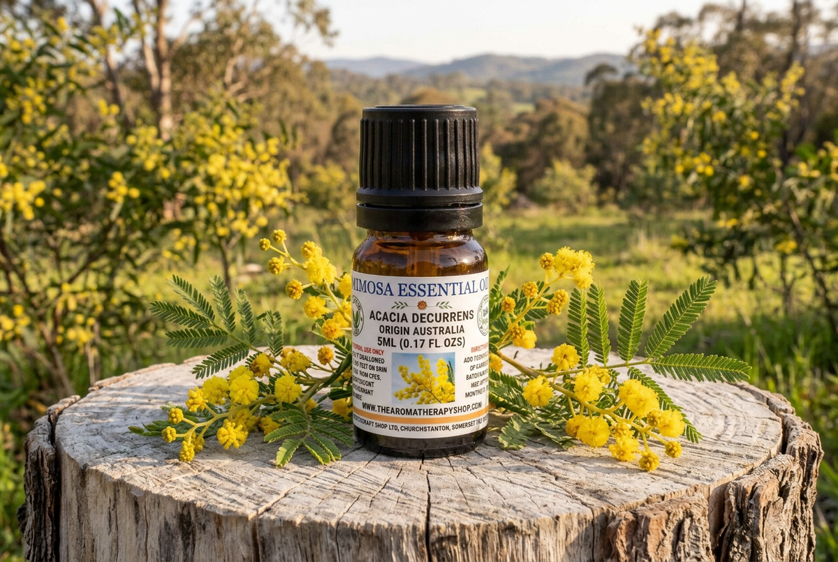 Mimosa Essential Oil 5ml showcase with natural-sized flowering branches and small golden flower heads in an Australian woodland setting