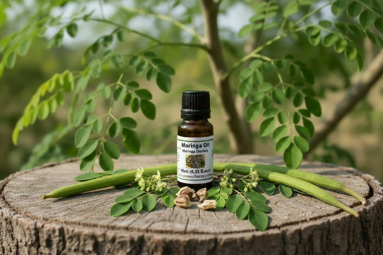 Moringa Oil bottle with scattered seeds on flat tree stump