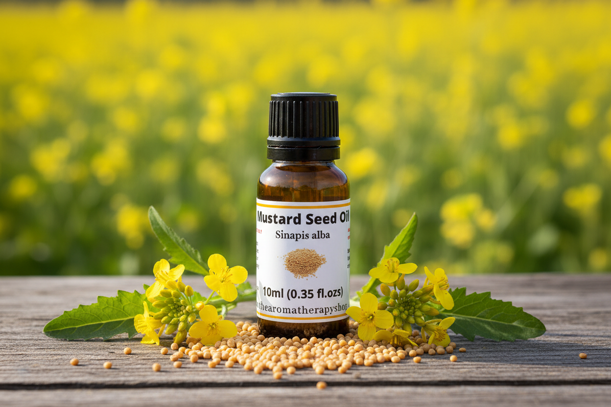 Mustard Seed Oil bottle on natural outdoor surface with botanical elements