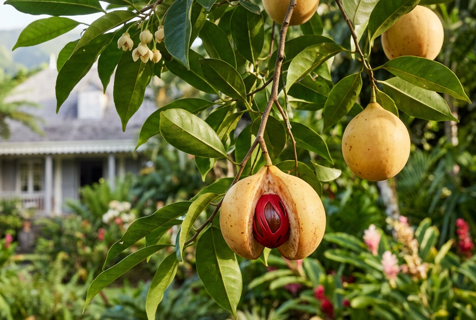 Myristica fragrans fruit, red mace and foliage in a French Réunion-inspired tropical garden, landscape 3:2, without a bottle or display surface