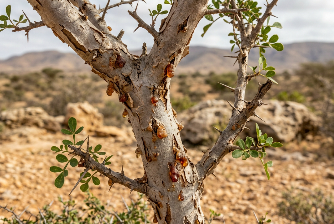 Myrrh resin and Commiphora myrrha branches in an arid Horn of Africa landscape, 3:2, without a bottle or display surface
