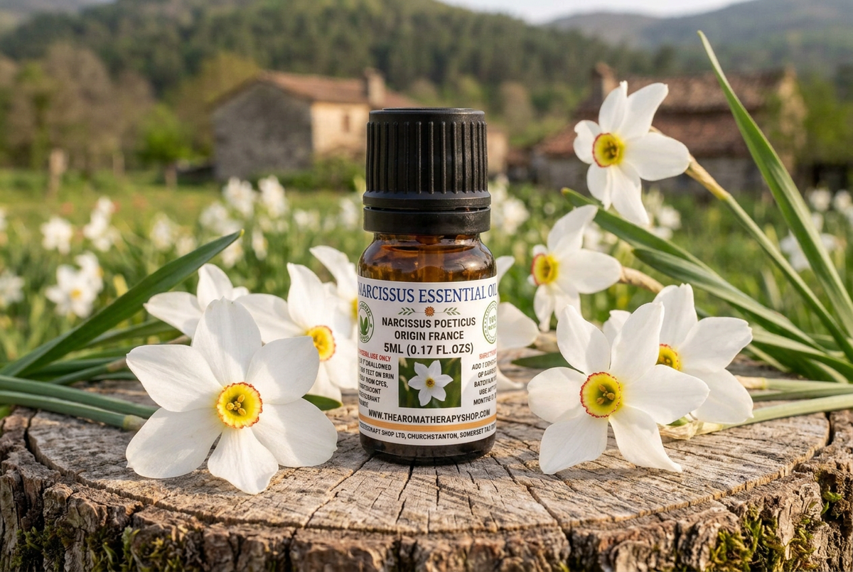 Narcissus Essential Oil 5ml showcase with life-sized flowers on weathered oak in a French meadow setting