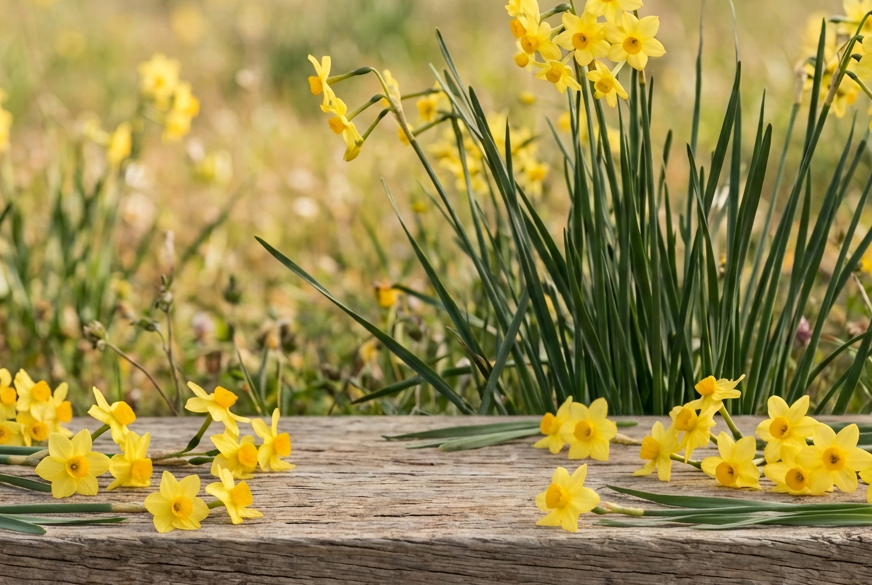 Narcissus jonquilla showcase with more flowers and leafy stems on the surface
