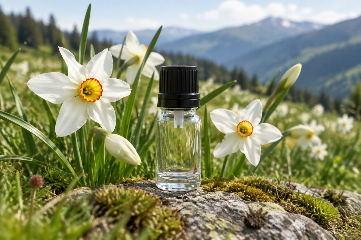 Narcissus poeticus 1ml showcase, Bulgarian mountain meadow background