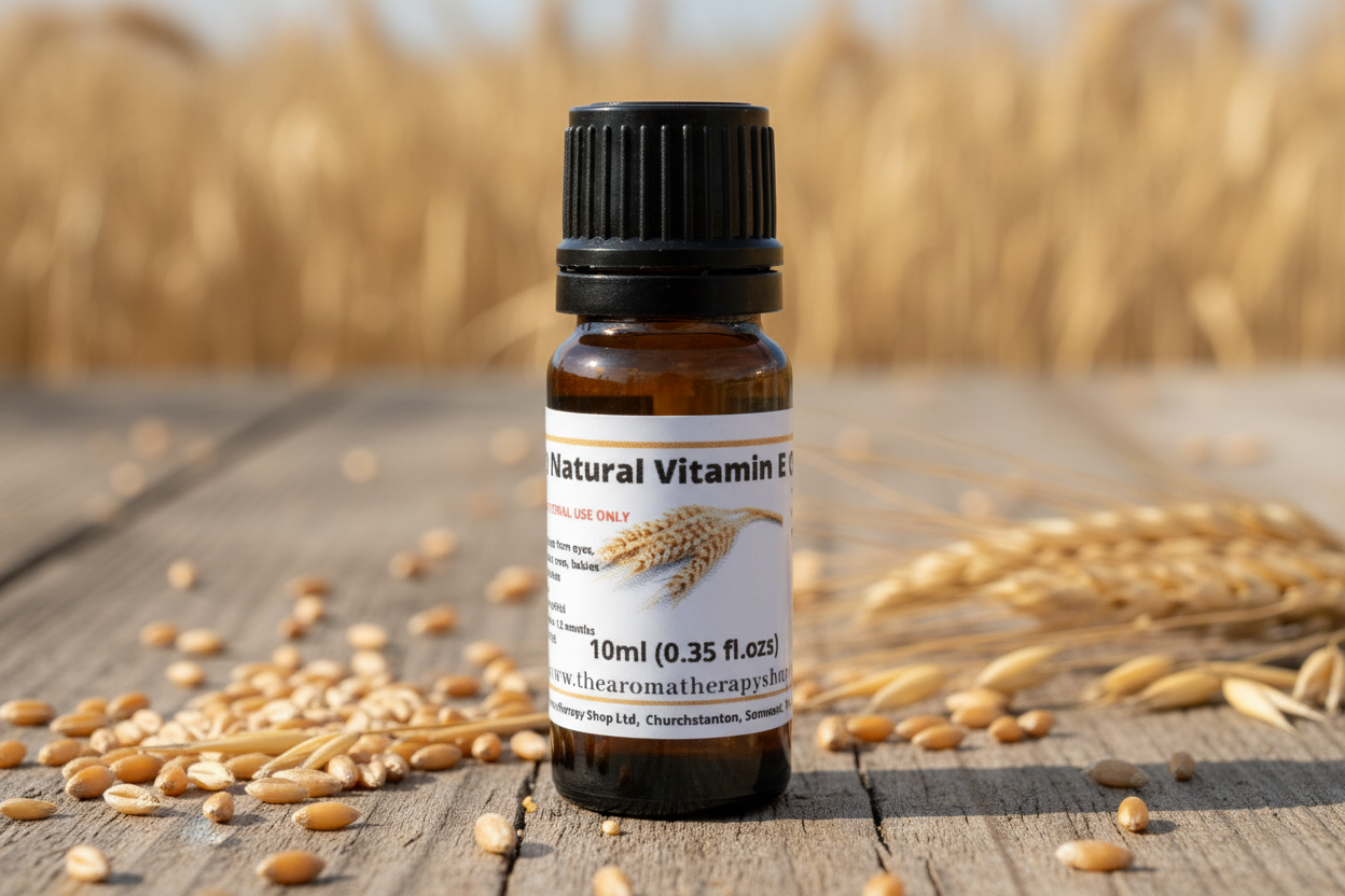 Natural Vitamin E bottle on rustic wooden surface with cereal germ
