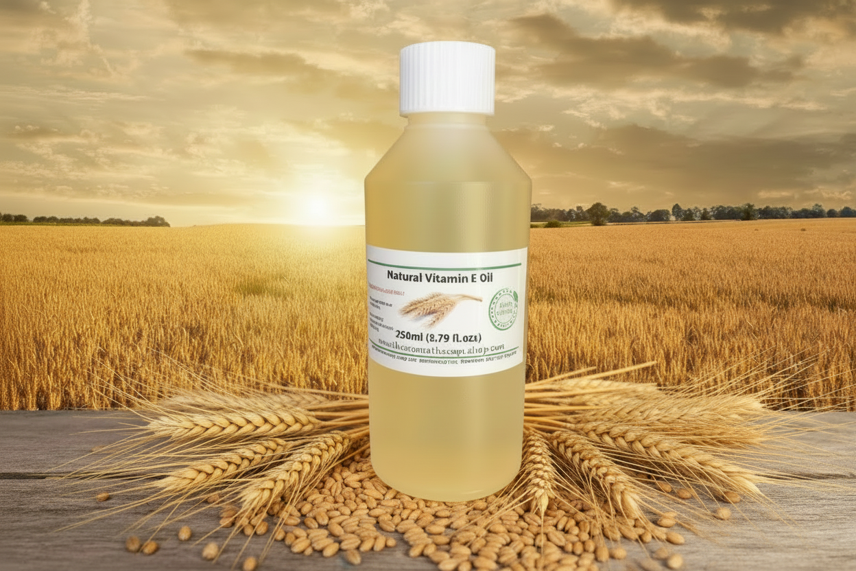 Natural Vitamin E Oil 250ml with straight label and wheat elements
