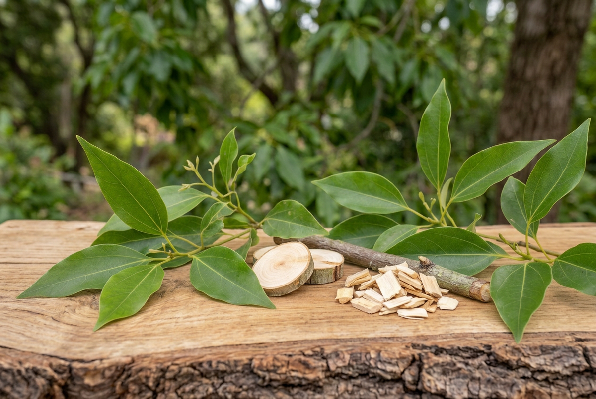 Nature-only ho wood showcase with foliage and natural wood, without a jar