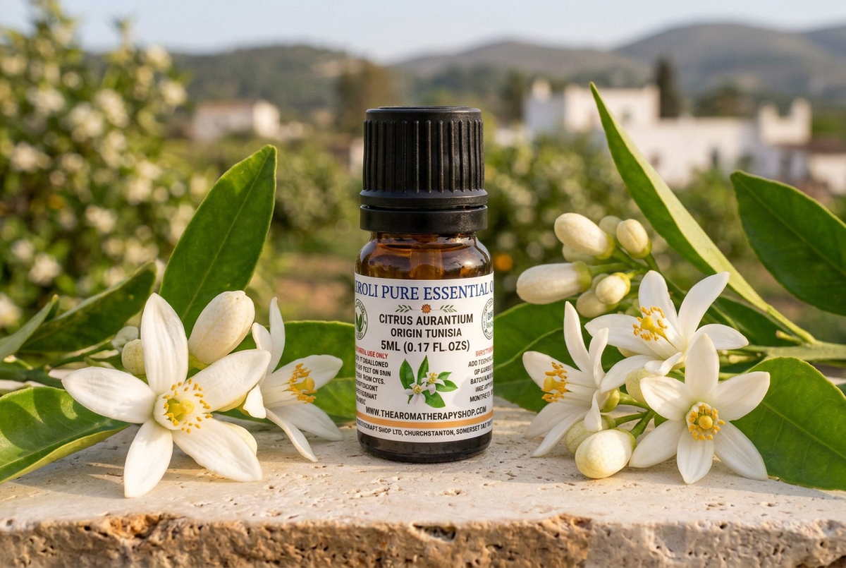 Neroli 5ml showcase with orange blossoms sized to the requested 3–4cm diameter in a Tunisian orchard setting