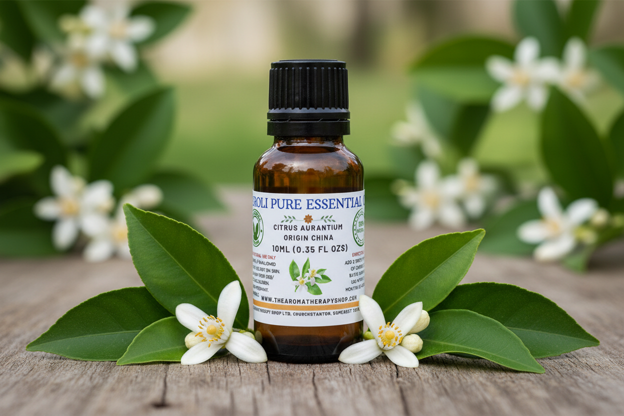 Neroli Pure Essential Oil with proper bottle and random elements