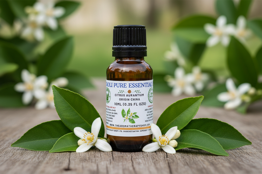 Neroli Pure Essential Oil with proper bottle and random elements