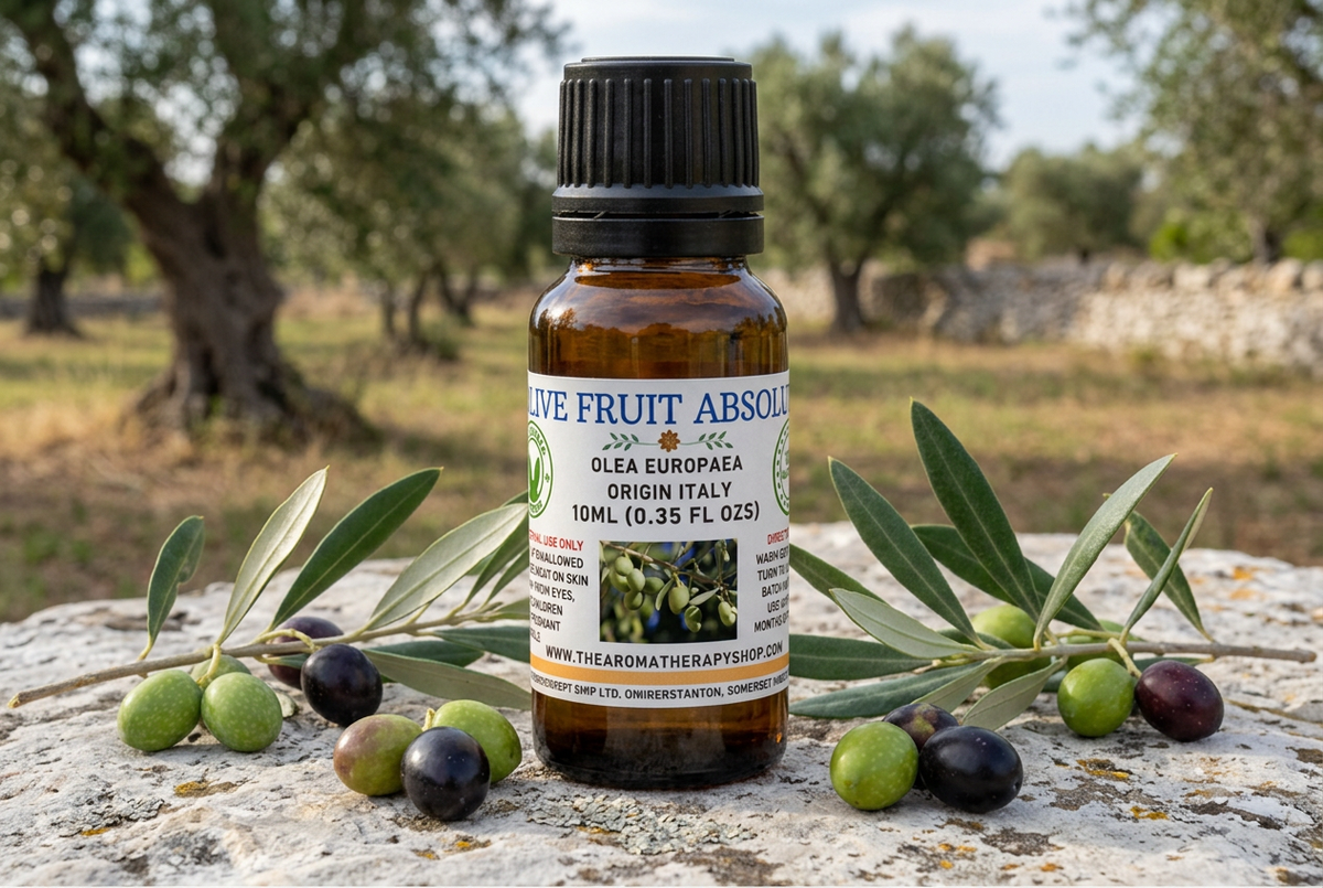 Olive Fruit Absolute showcase with olives and foliage in an Italian olive grove on a new limestone surface