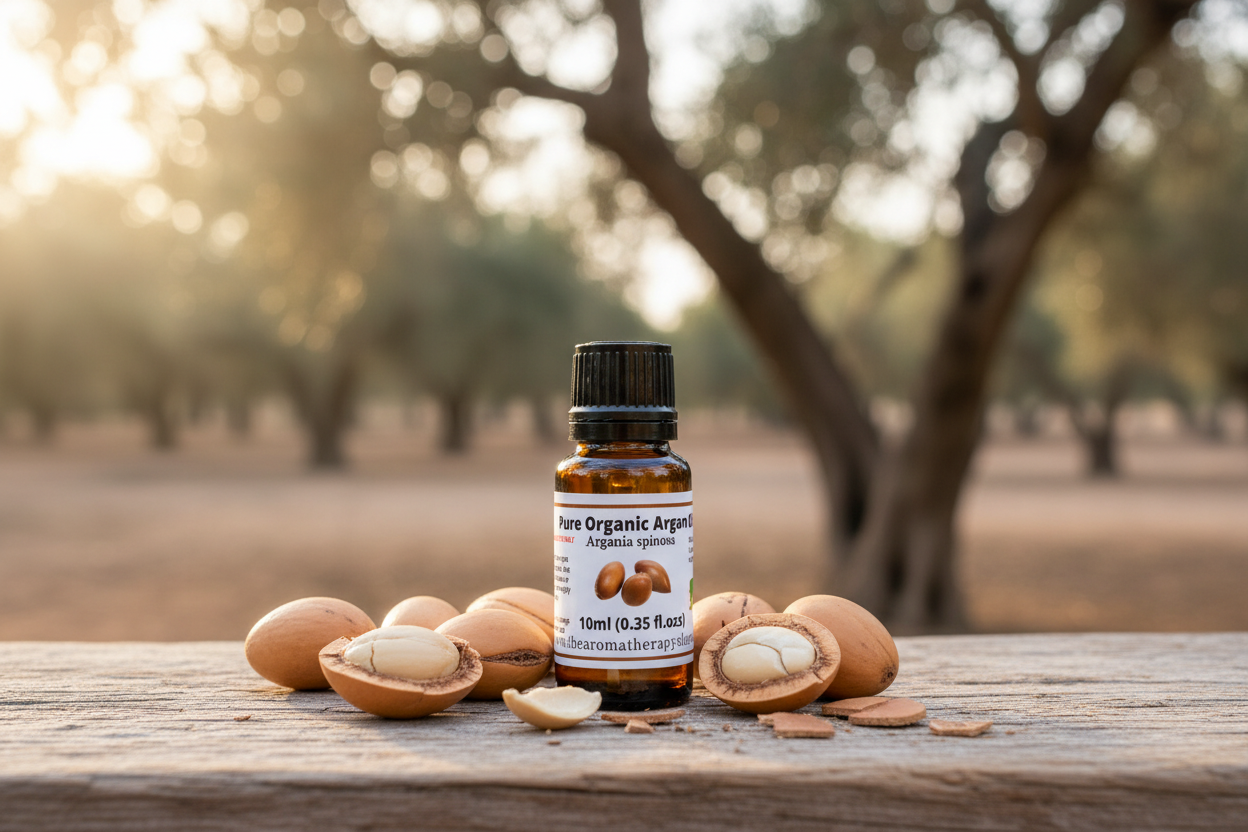 Organic Argan Oil bottle with argan nuts in Moroccan setting