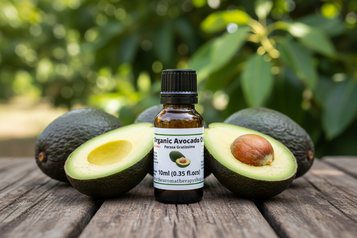 Organic Avocado Oil bottle on natural outdoor surface with avocados