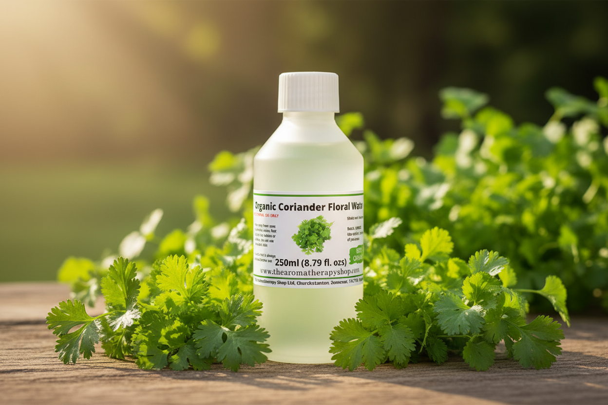 Organic Coriander Floral Water 250ml bottle in sunny garden setting - landscape