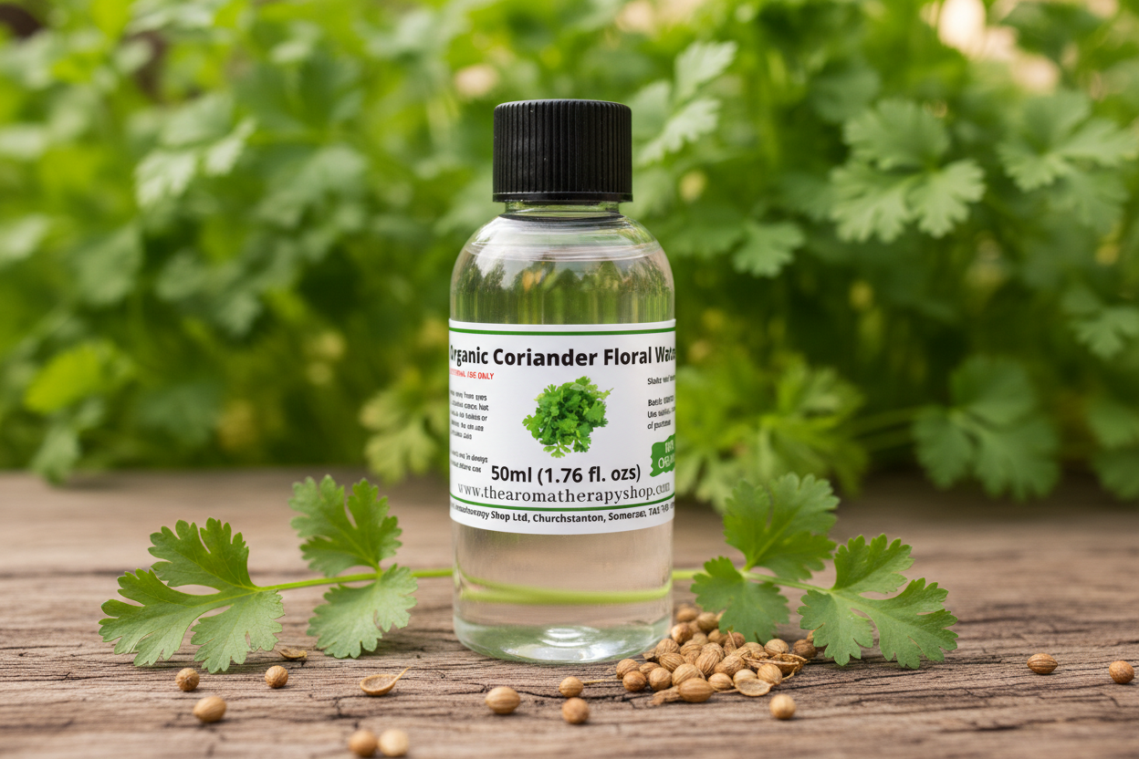 Organic Coriander Floral Water 50ml in natural outdoor setting