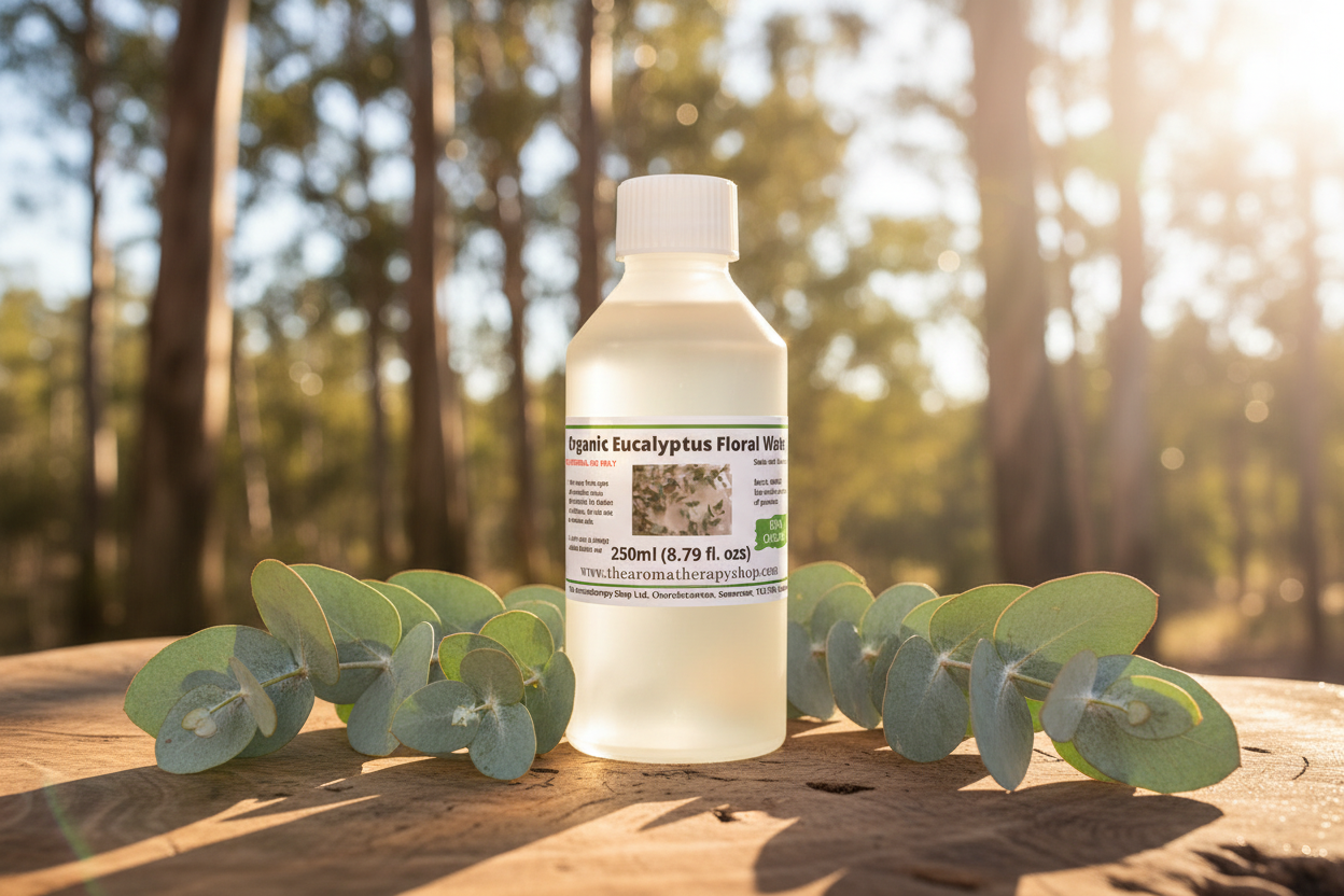 Organic Eucalyptus Floral Water 250ml bottle in sunny outdoor setting - landscape