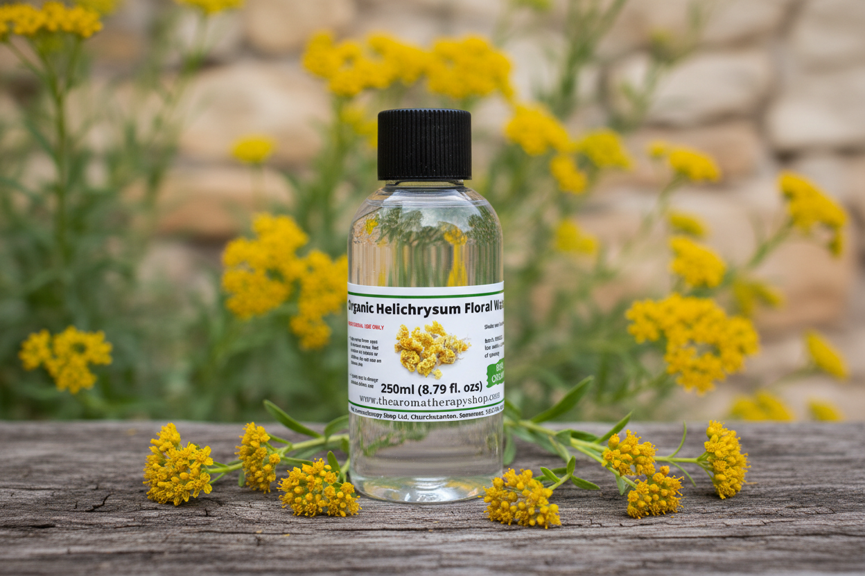 Organic Helichrysum Floral Water 50ml in natural outdoor setting