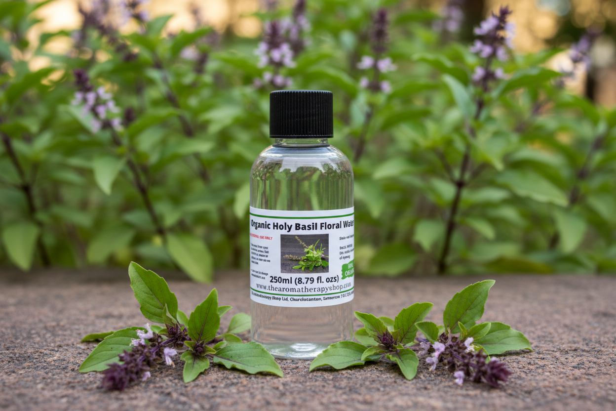 Organic Holy Basil Floral Water 50ml in natural outdoor setting