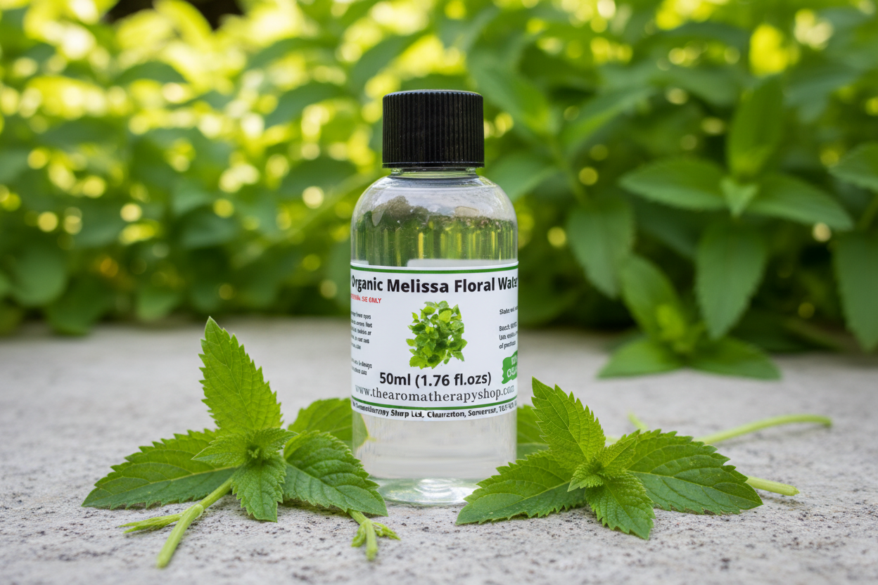 Organic Melissa Floral Water 50ml in natural outdoor setting