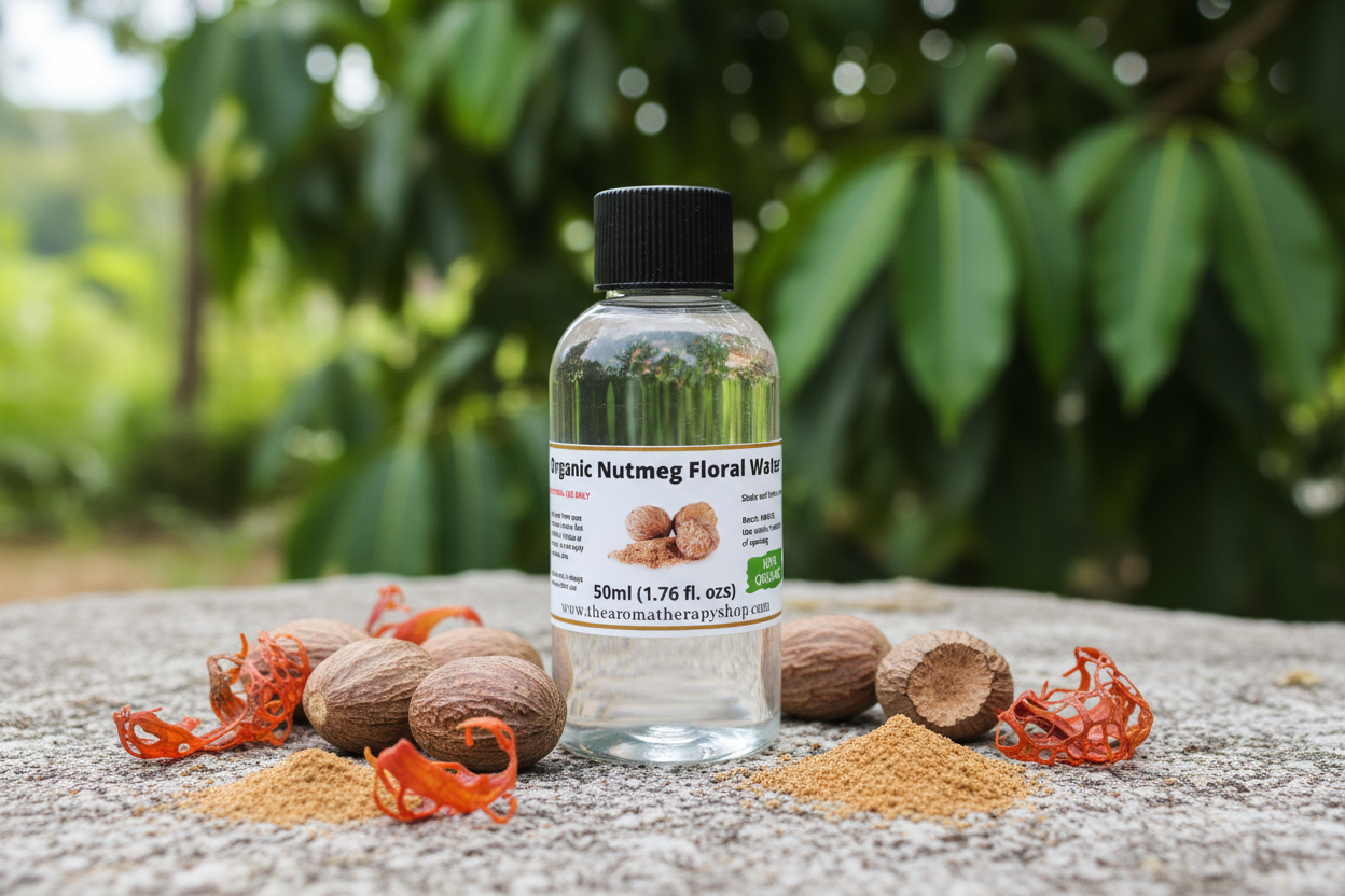 Organic Nutmeg Floral Water 50ml in natural outdoor setting