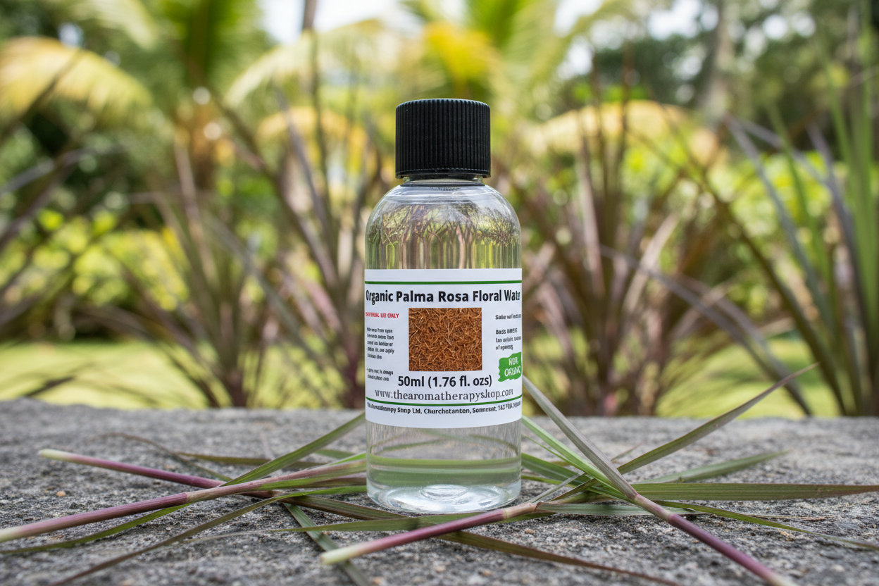 Organic Palma Rosa Floral Water 50ml in natural outdoor setting