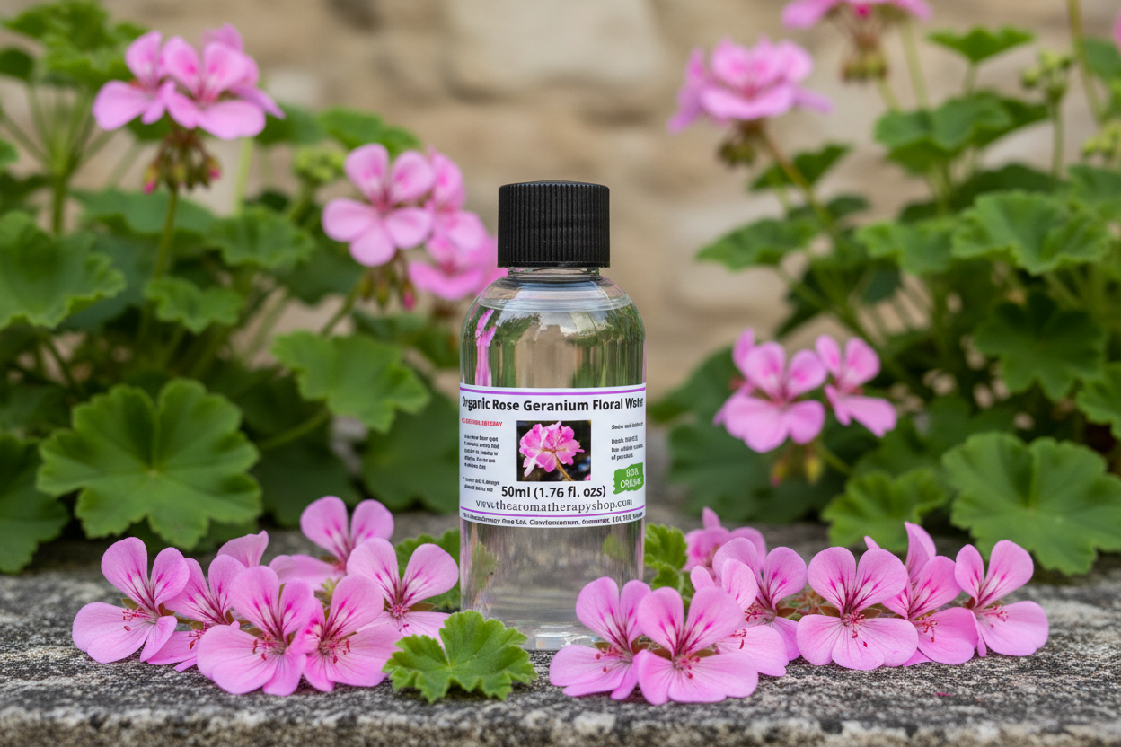Organic Rose Geranium Floral Water 50ml in natural outdoor setting