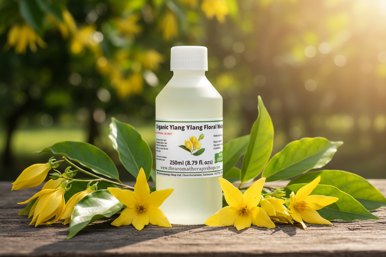 Organic Ylang Ylang Floral Water 250ml bottle in sunny garden setting - landscape