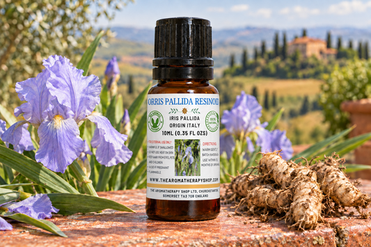 Orris Pallida Resinoid 10ml showcase, label wrapping the curve