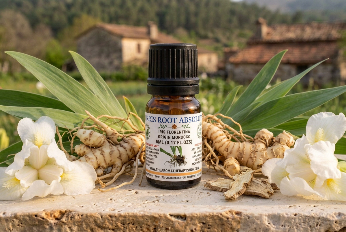 Orris Root Absolute 5ml showcase with life-sized rhizomes, roots and iris foliage on limestone in a Moroccan foothill setting