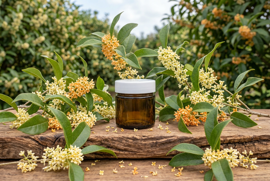 Osmanthus fragrans showcase with the approved small jar and tiny cream and apricot blossoms on a fresh organic surface