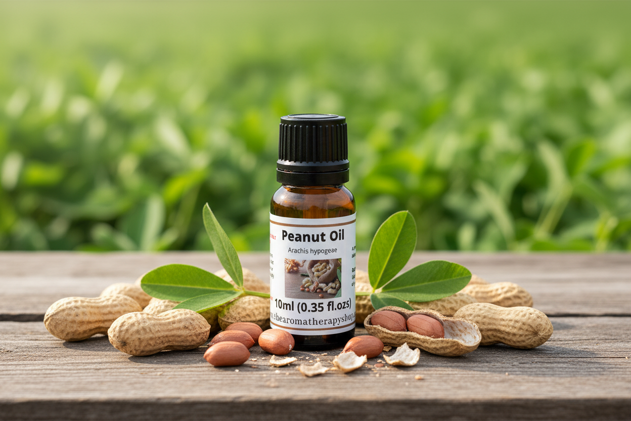 Peanut Oil bottle on natural outdoor surface with whole and shelled peanuts
