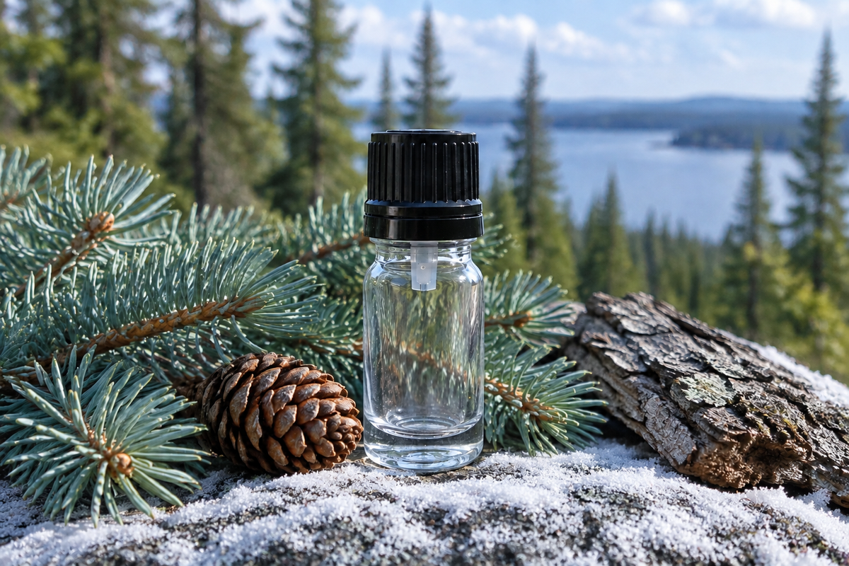Picea glauca 1ml showcase, snow-dusted granite, Canadian boreal lake background