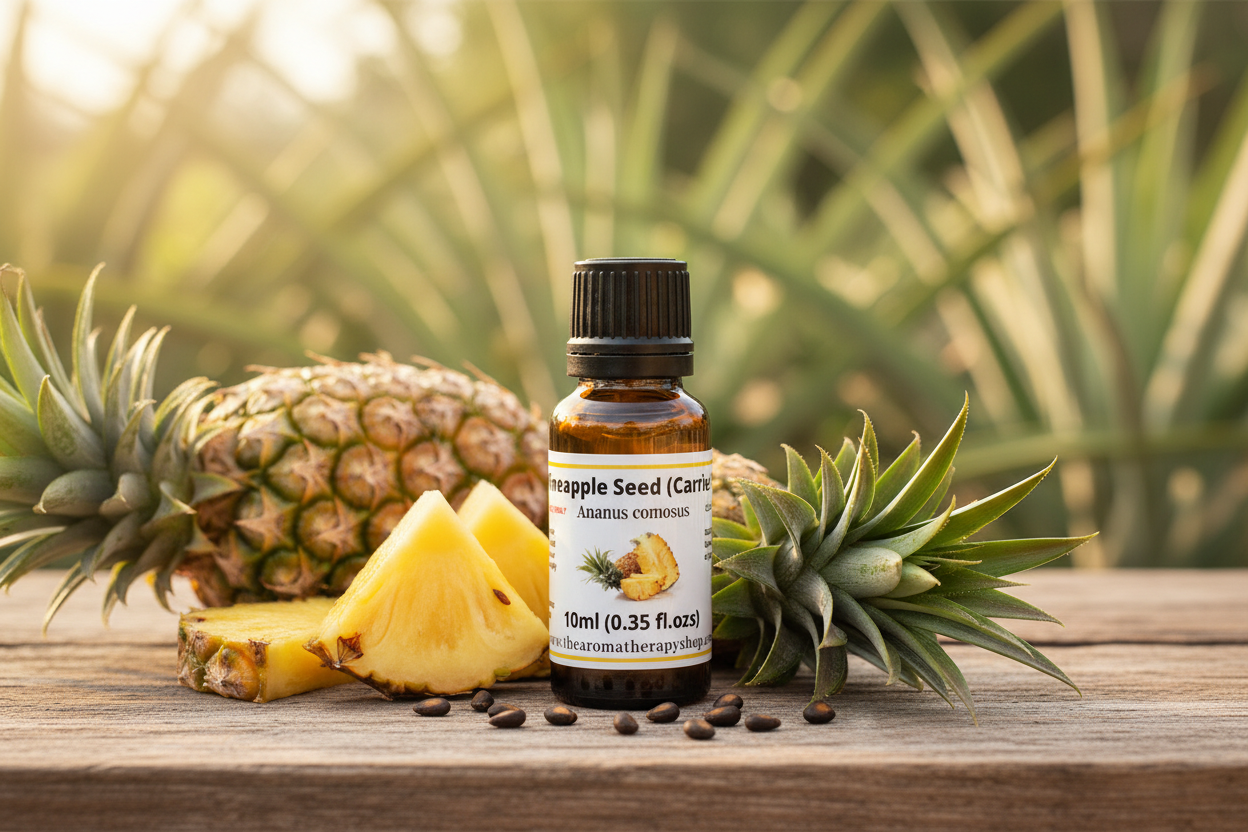 Pineapple Seed Carrier Oil bottle on natural outdoor surface with pineapple elements