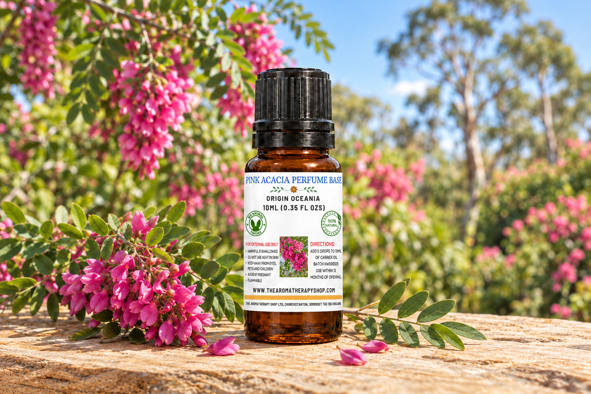 Pink Acacia Perfume Base showcase with your approved 10 ml amber bottle, pink blossom sprigs on weathered eucalyptus wood and an Oceania garden backdrop
