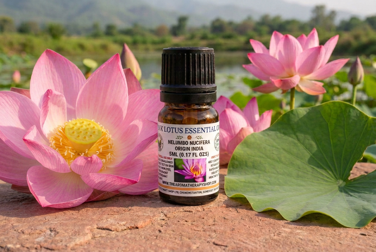 Pink Lotus retry with substantially enlarged flowers and leaves, preserving the bottle and setting
