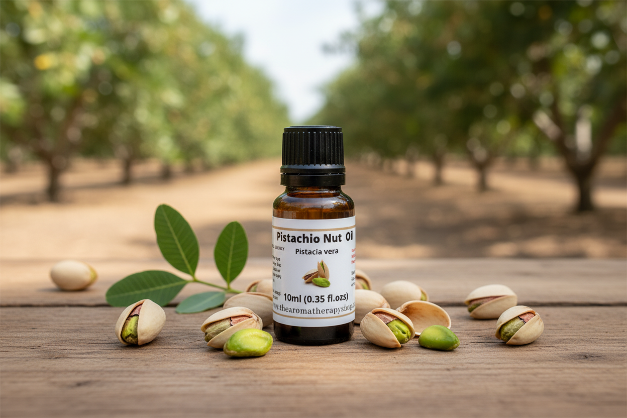 Pistachio Nut Oil bottle on natural outdoor surface with pistachio elements