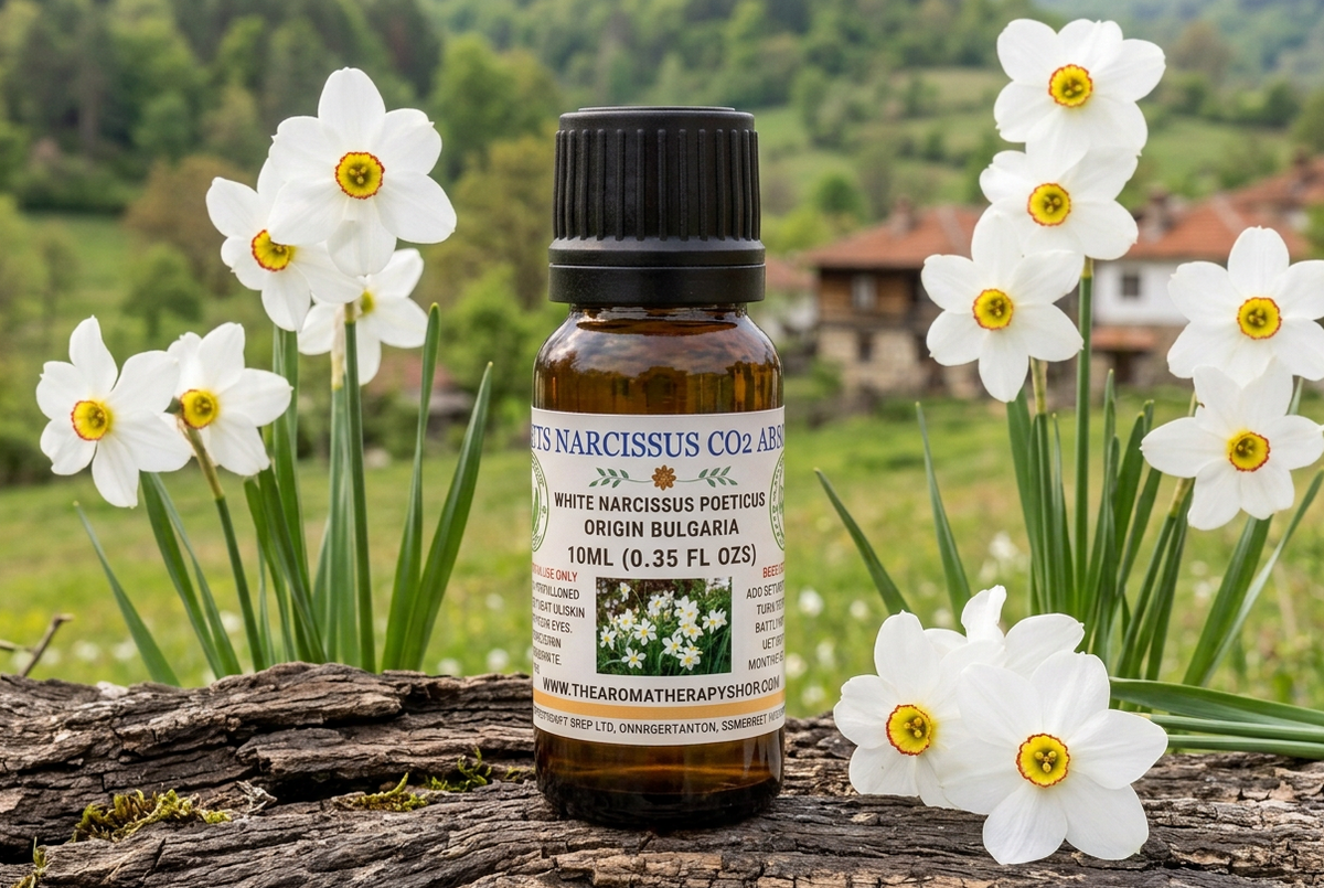 Poets Narcissus 10ml showcase on weathered oak with white narcissus flowers and a fresh Bulgarian meadow background