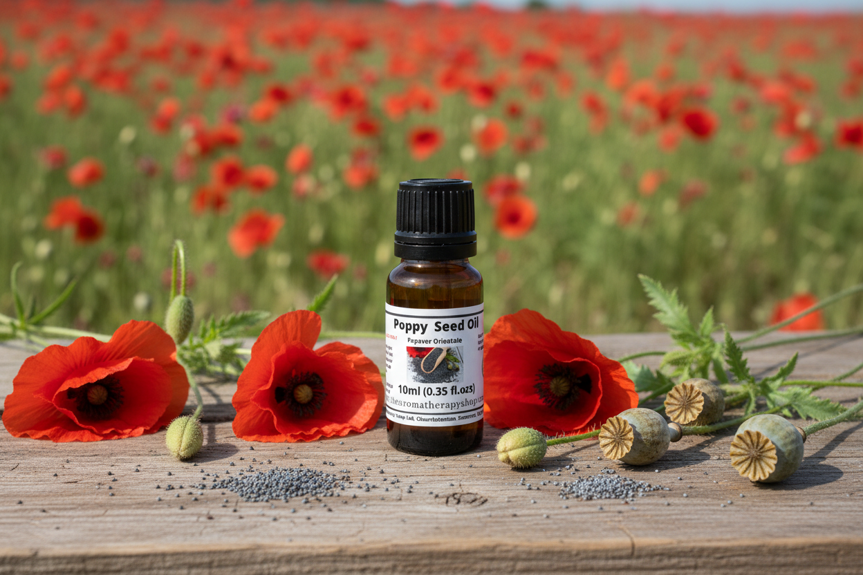 Poppy Seed Oil bottle on natural outdoor surface with poppy flowers and seeds
