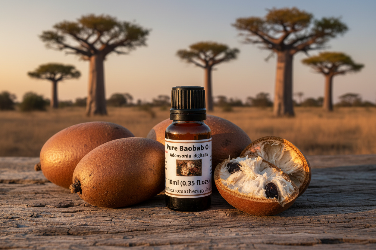 Pure Baobab Oil bottle on natural outdoor surface with baobab fruit