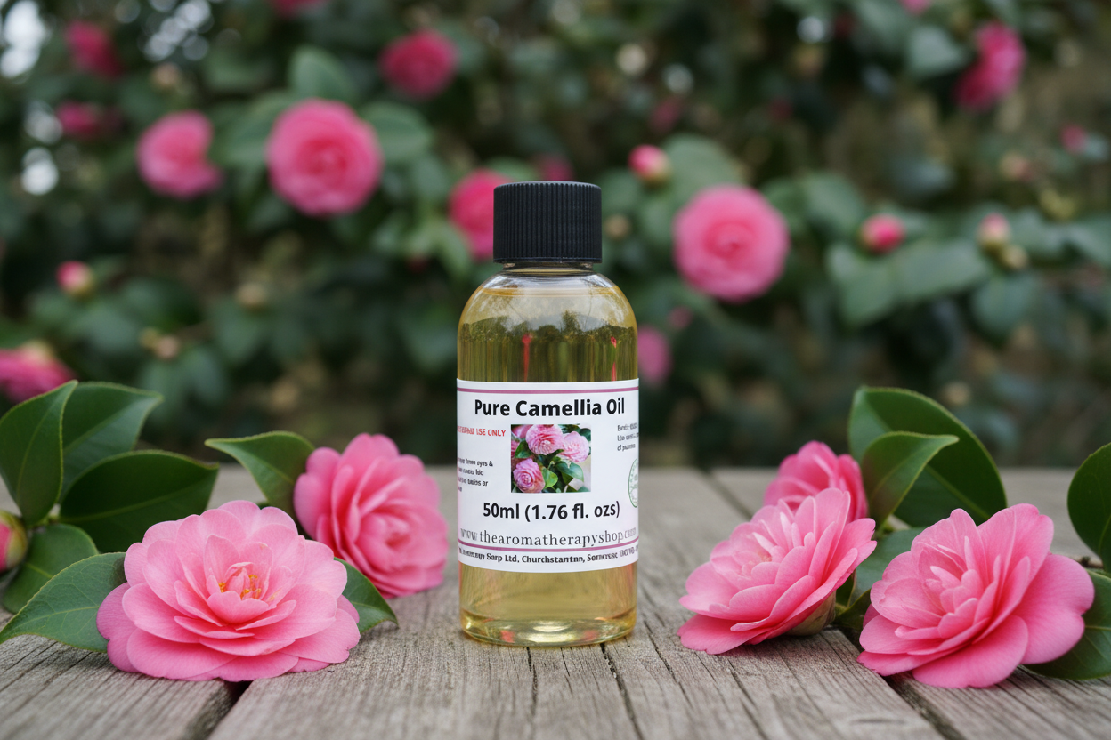 Pure Camellia Oil 50ml in natural garden setting