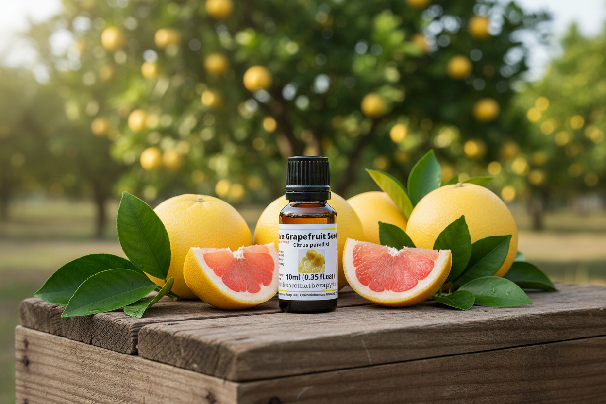 Pure Grapefruit Seed Oil bottle on natural outdoor surface with grapefruit elements