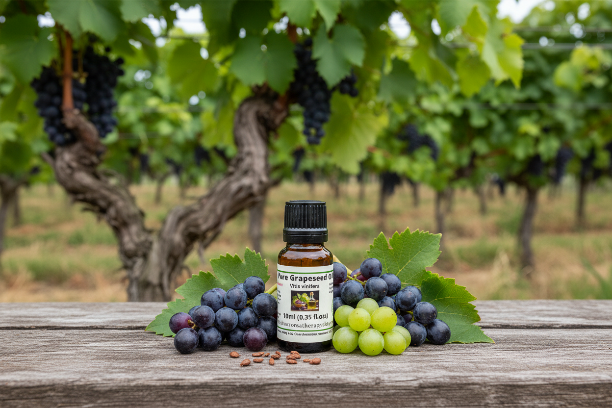 Pure Grapeseed Oil bottle on natural outdoor surface with grapes and grape seeds