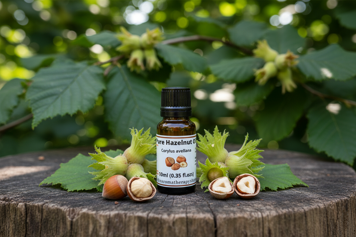Pure Hazelnut Oil bottle on natural outdoor surface with hazelnut elements