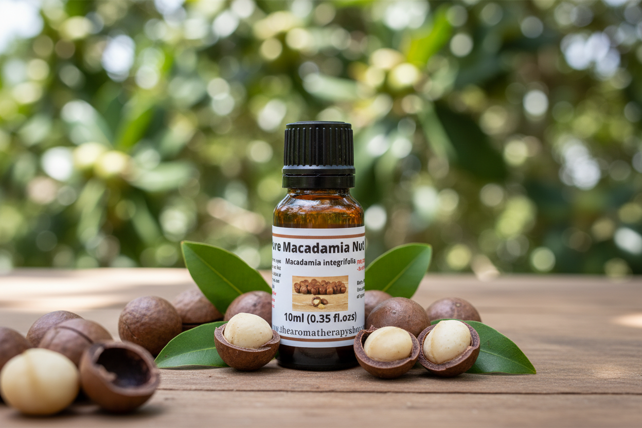 Pure Macadamia Nut Oil bottle on natural outdoor surface with macadamia nut elements