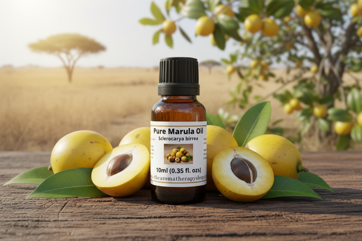 Pure Marula Oil bottle with whole and halved marula fruits