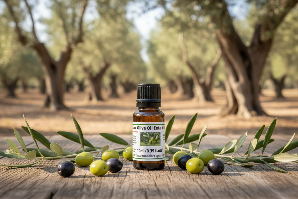 Pure Olive Oil Extra Virgin bottle on natural outdoor surface with olives